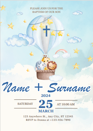 Blue Hotair Balloon - Baptism Invitation