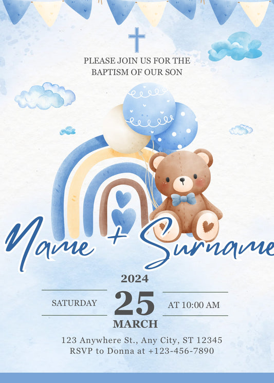 Teddy bear Blue - Baptism Invitation