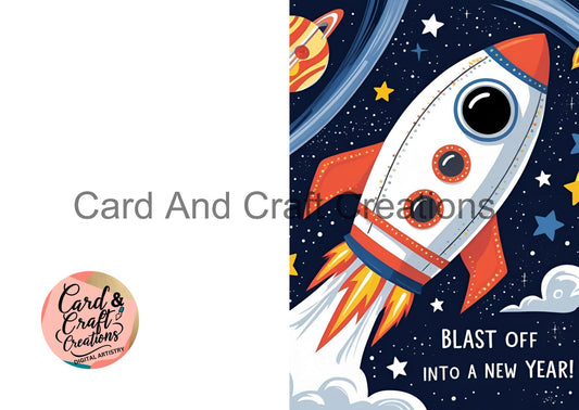 Blast Off Into a New Year Birthday Card