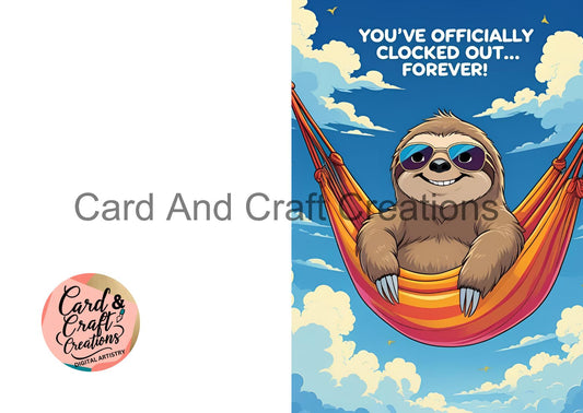 Retirement Farewell Card – Relaxing Sloth (Blue Sky)
